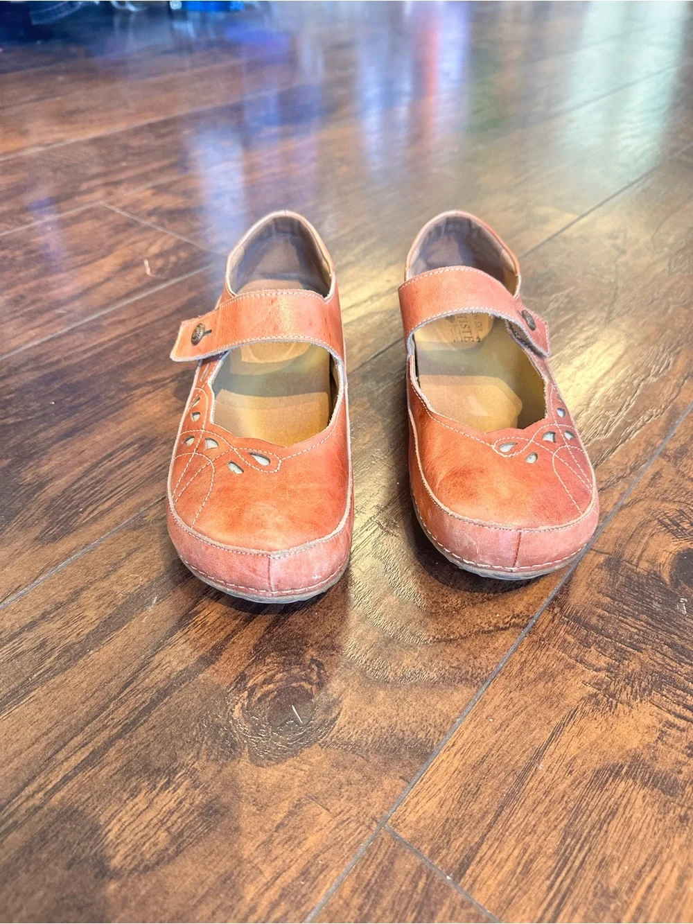 Leather Mary Jane Flats in Coral-Tan with Strap